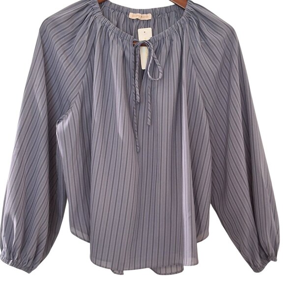 Pookie & Sebastian Blue Stripe Peasant Blouse Long Sleeve Tie Neck Elastic Cuffs - Picture 2 of 10